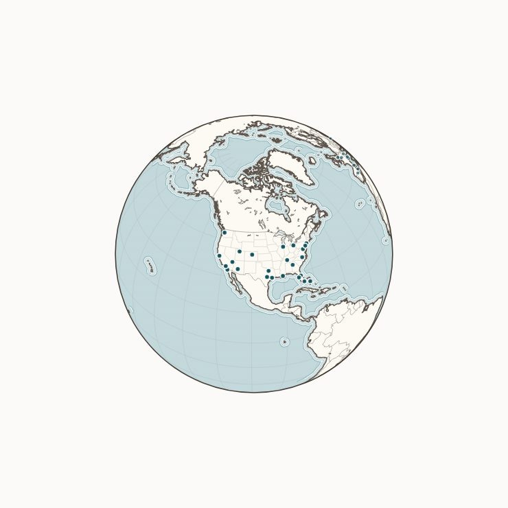 Globe showing the 38 featured markets where Ashley Avery Agency has supported clients, produced programs, or deployed talent. Every market is listed below it.